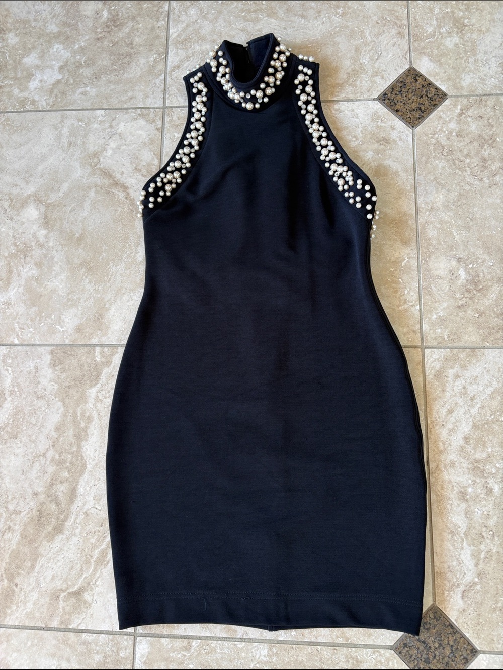 Sleeveless Black Mini Dress with Pearl Trim